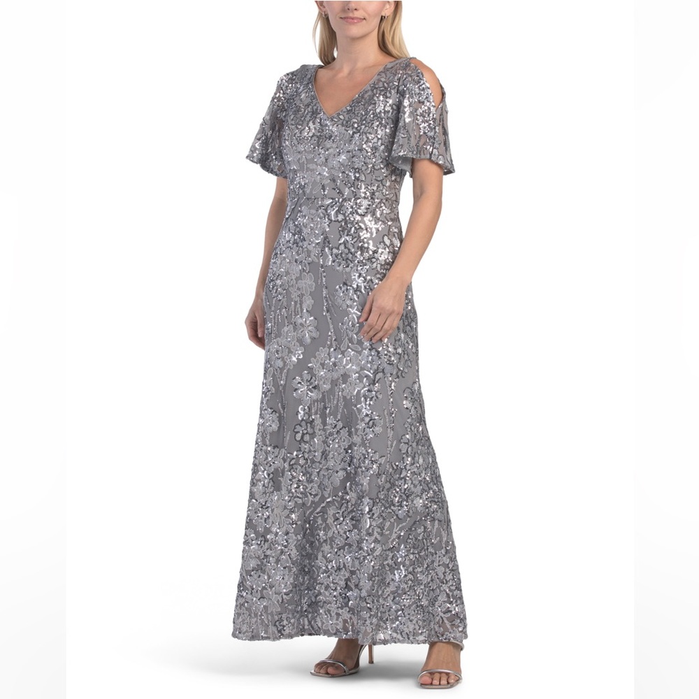 Elegant Silver Grey Gown ALEX EVENINGS V-Neck Floral Sequin Gown Size 14P